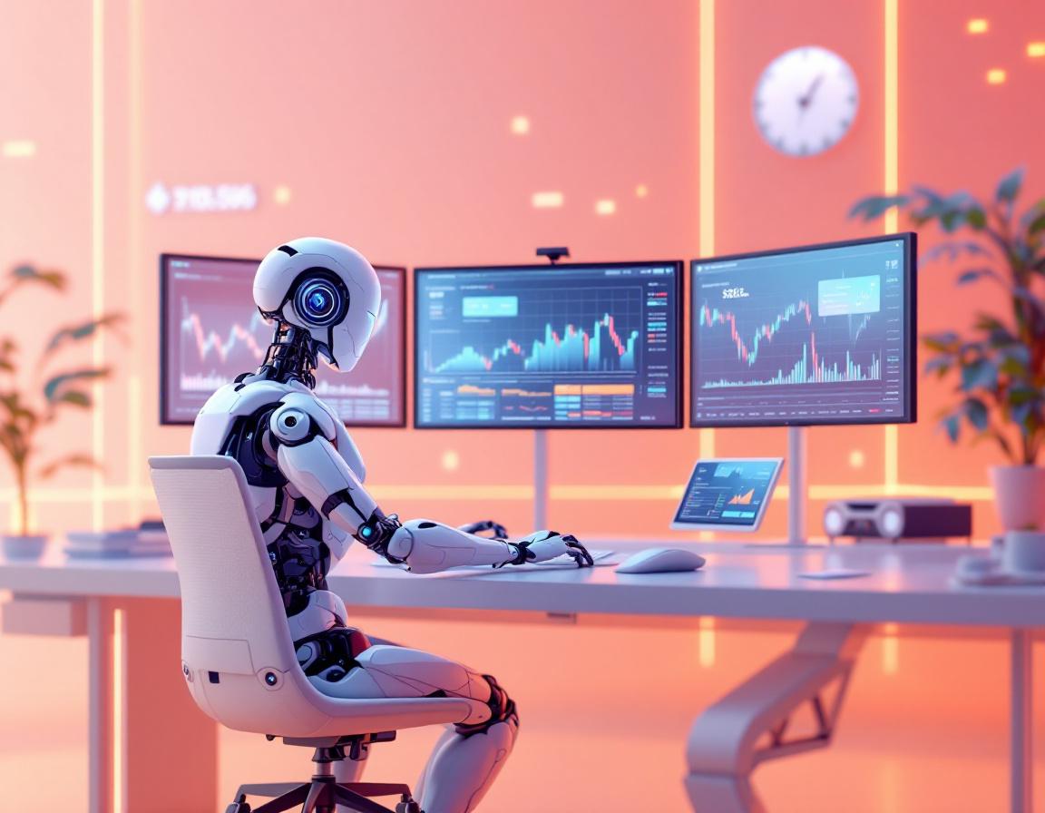 A hyper-realistic AI trading bot at a workstation analyzing cryptocurrency data on multiple screens.
