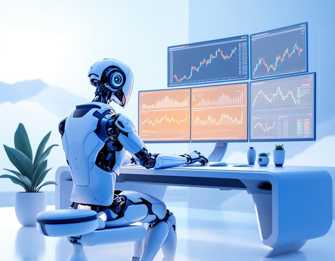 A hyper-realistic AI trading bot at a high-tech workstation analyzing stock and crypto market data.