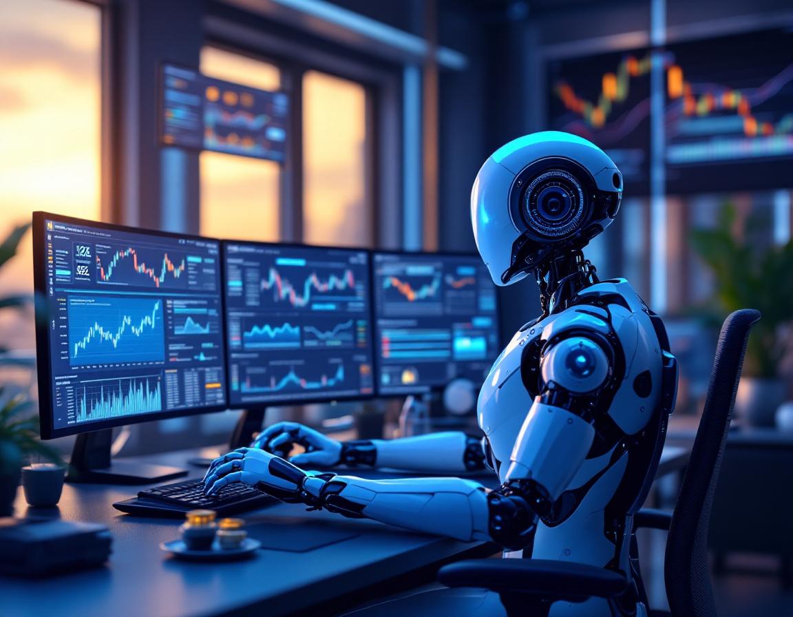 A hyper-realistic AI trading bot in a high-tech environment analyzes crypto and stock market data.