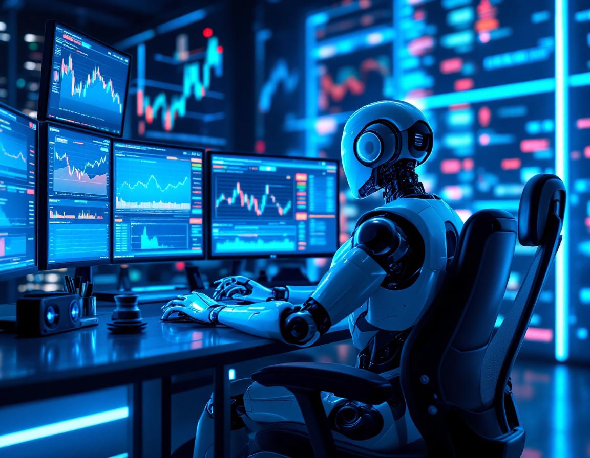 A futuristic AI trading bot in a sleek workspace, analyzing market data on multiple glowing screens.