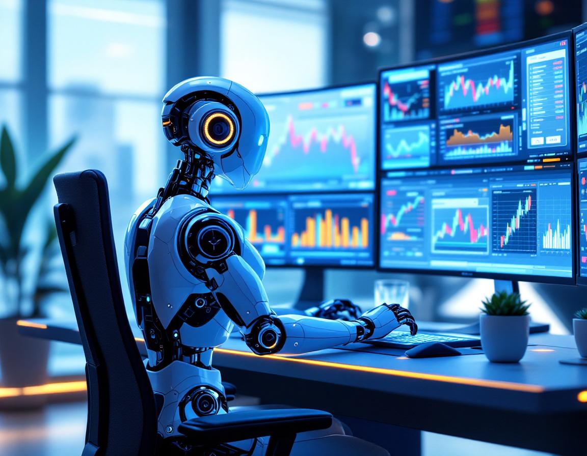 A hyper-realistic AI trading bot analyzes market data at a sleek workstation with vibrant screens.