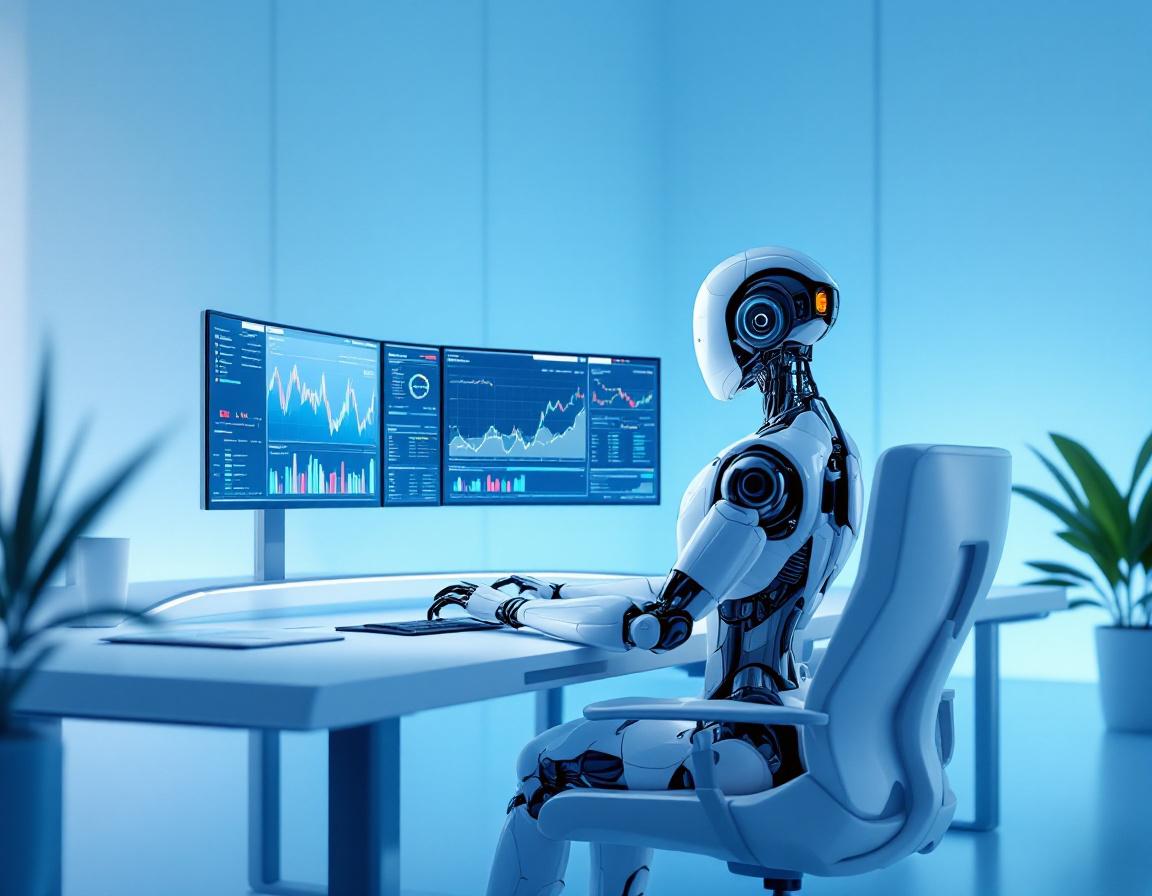 A humanoid AI trading bot analyzes market data at a high-tech workstation with multiple screens.