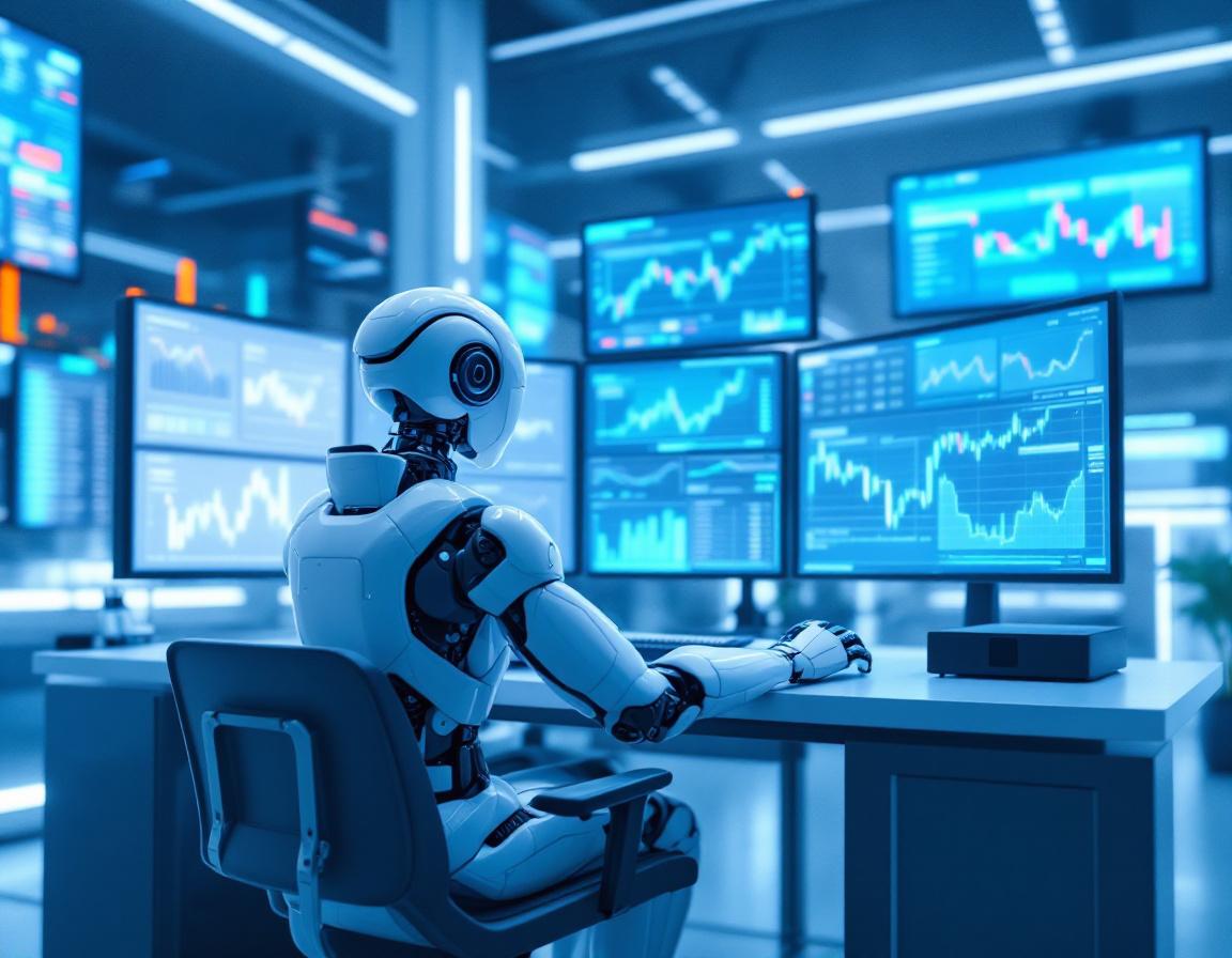 A humanoid AI trading bot analyzes market data at a high-tech workstation with multiple screens.