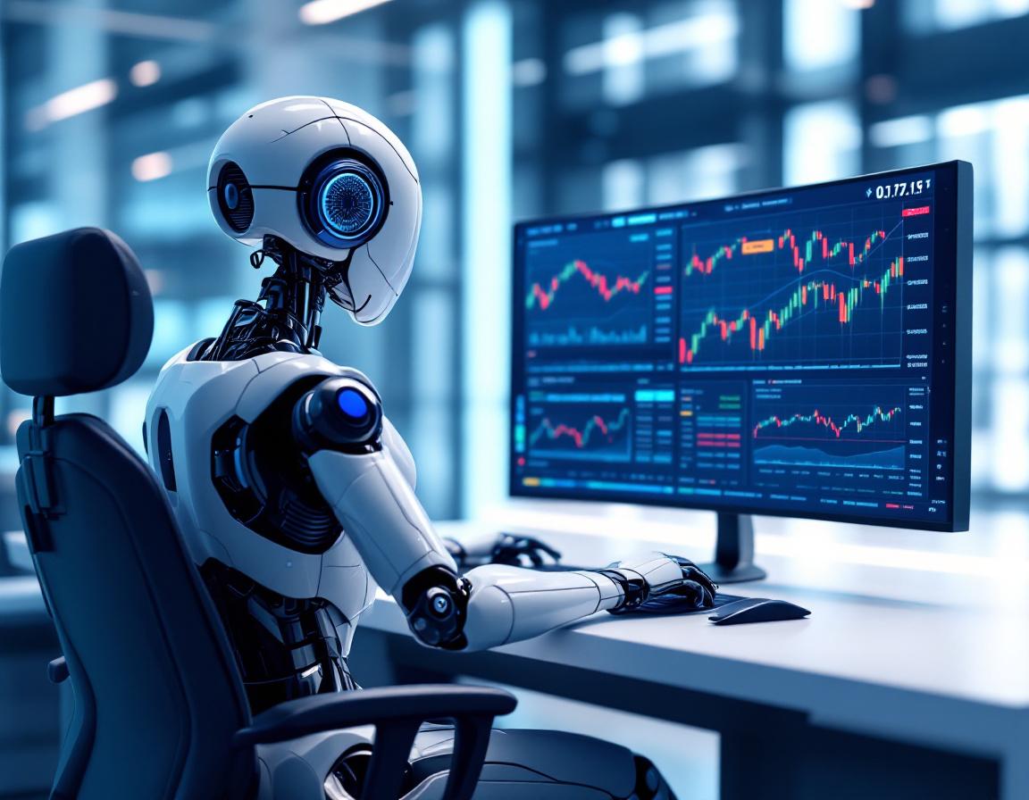A humanoid AI trading bot analyzes market data at a futuristic workstation with multiple screens.