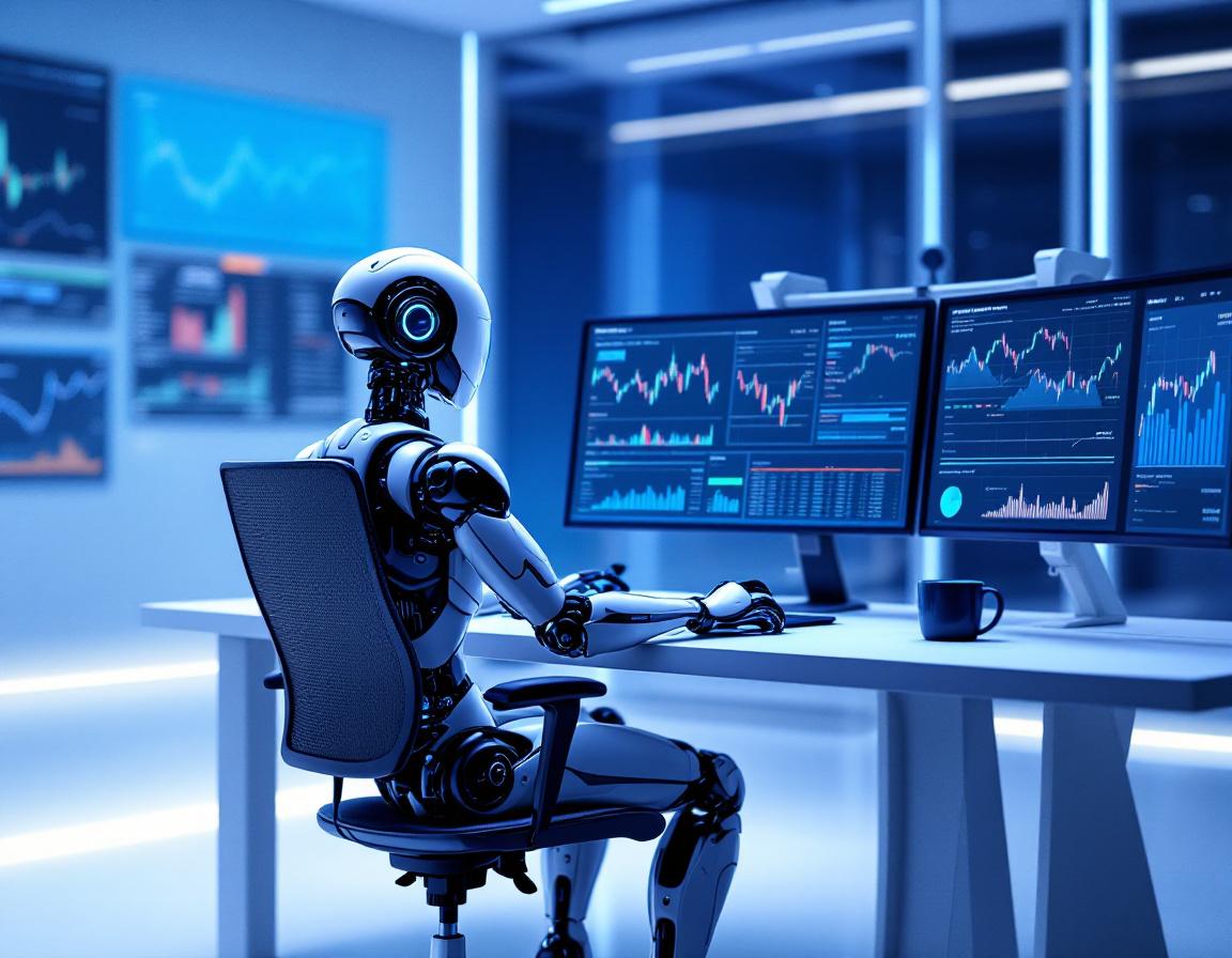 A sleek humanoid AI trading bot at a high-tech workstation analyzing crypto and stock market data.