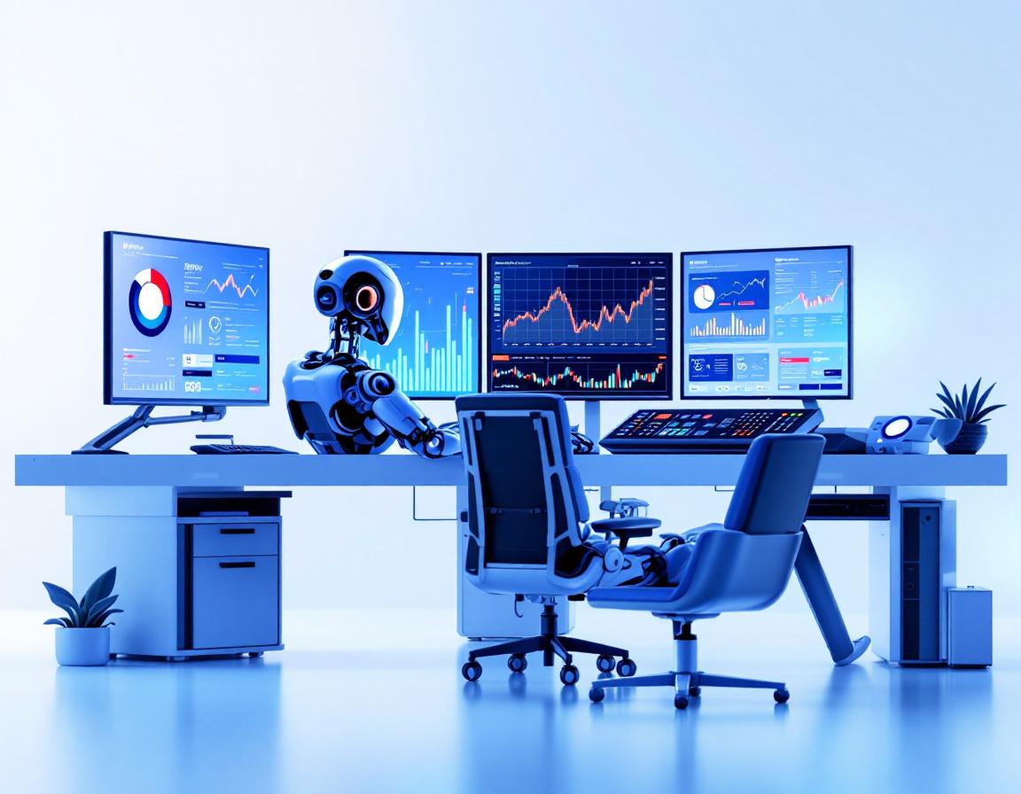 A humanoid AI trading bot analyzes market data at a high-tech workstation with glowing screens.