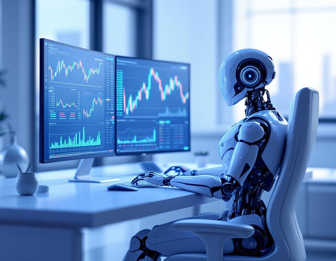 A hyper-realistic AI trading bot at a workstation, analyzing market data across multiple screens.