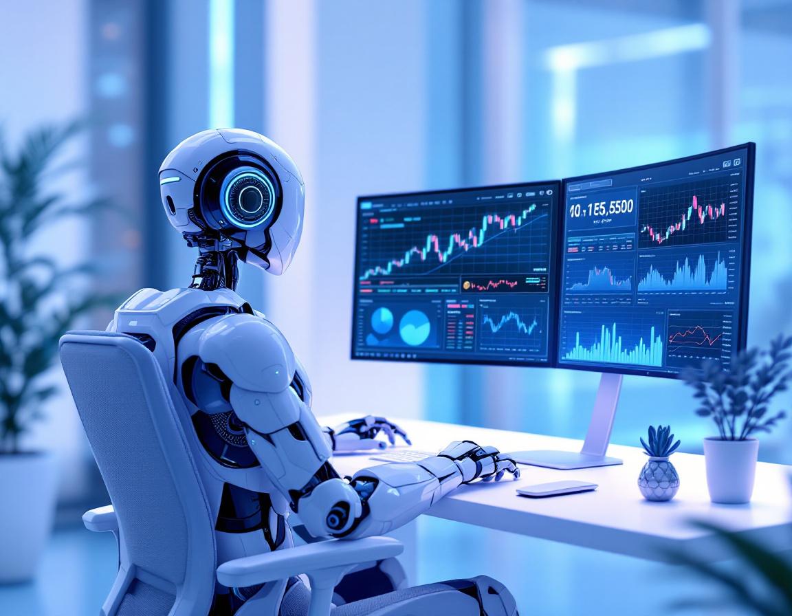 A humanoid AI trading bot at a high-tech workstation analyzing market data on multiple screens.