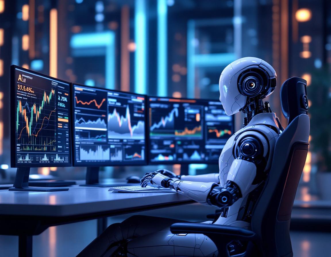A sleek humanoid AI trading bot analyzes data at a futuristic workstation with multiple screens.