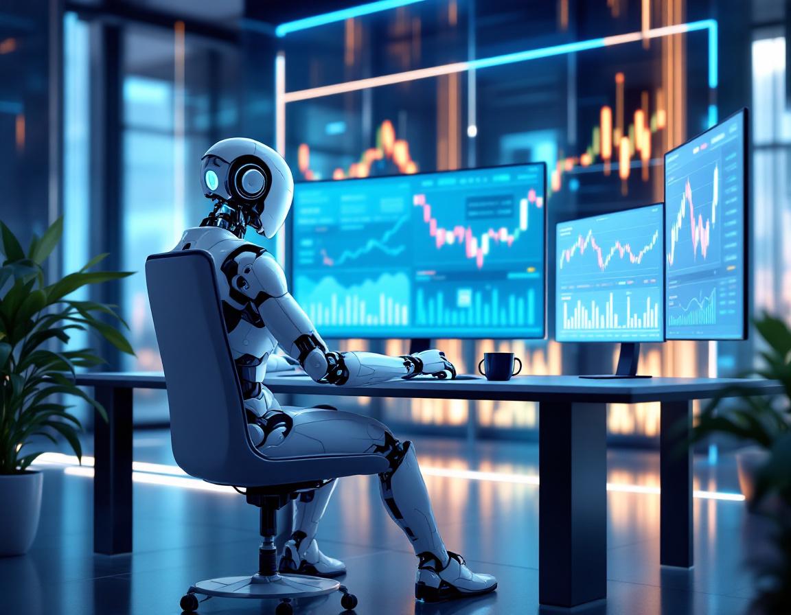 A hyper-realistic AI trading bot seated at a workstation analyzing stock and crypto market data.
