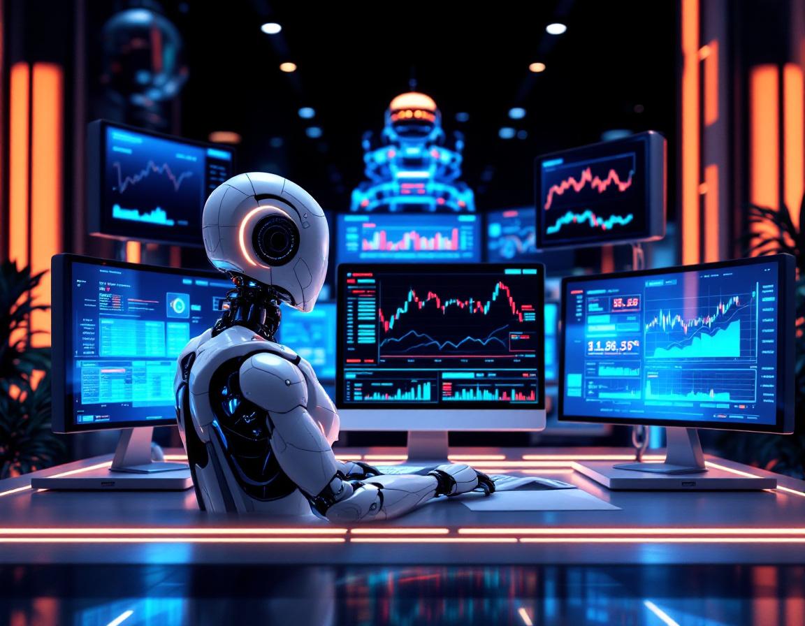 A hyper-realistic AI trading bot at a workstation, analyzing data on multiple financial screens.