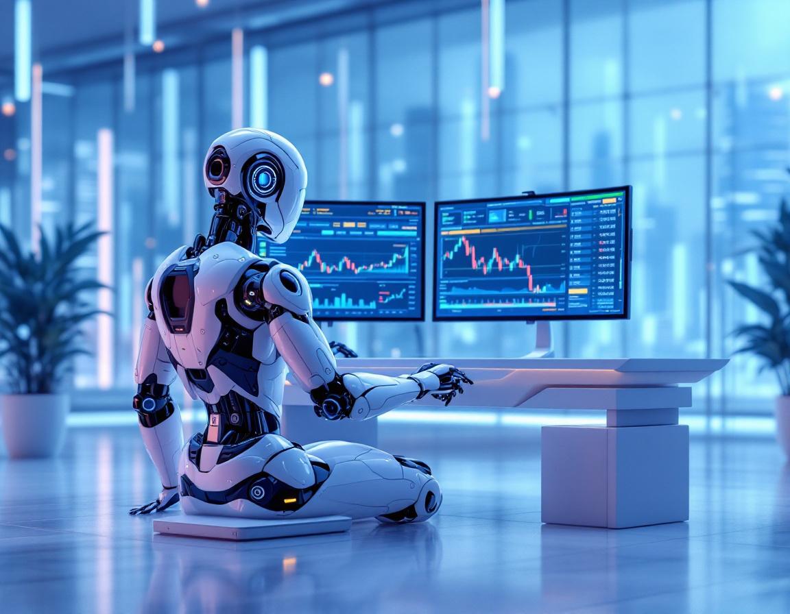 A futuristic AI trading bot analyzes market data at a high-tech workstation, surrounded by screens.