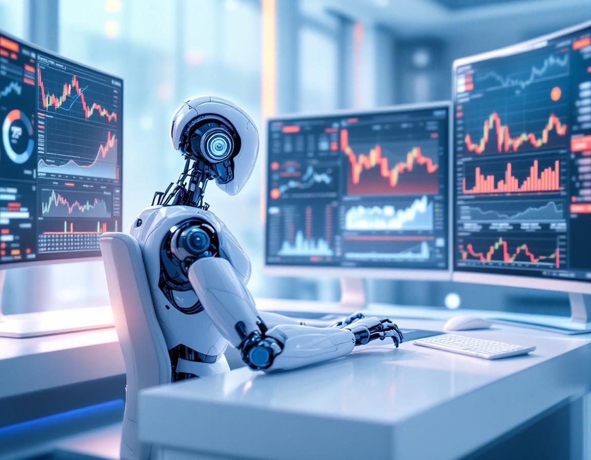 A hyper-realistic AI trading bot in a futuristic setting, analyzing data and executing trades.