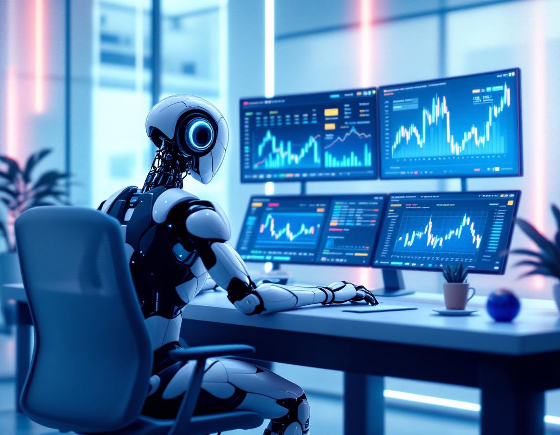 A humanoid AI trading bot analyzes market data at a futuristic workstation with multiple screens.