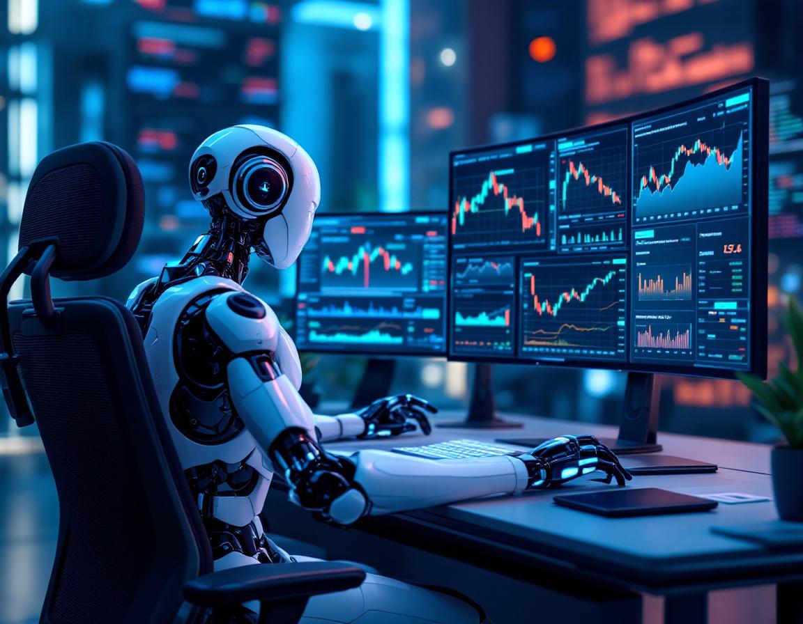 A humanoid AI trading bot at a high-tech workstation analyzes market data on multiple screens.