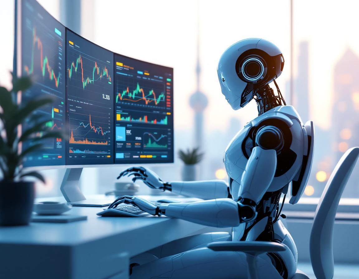 A humanoid AI trading bot at a workstation, analyzing market data on multiple futuristic screens.