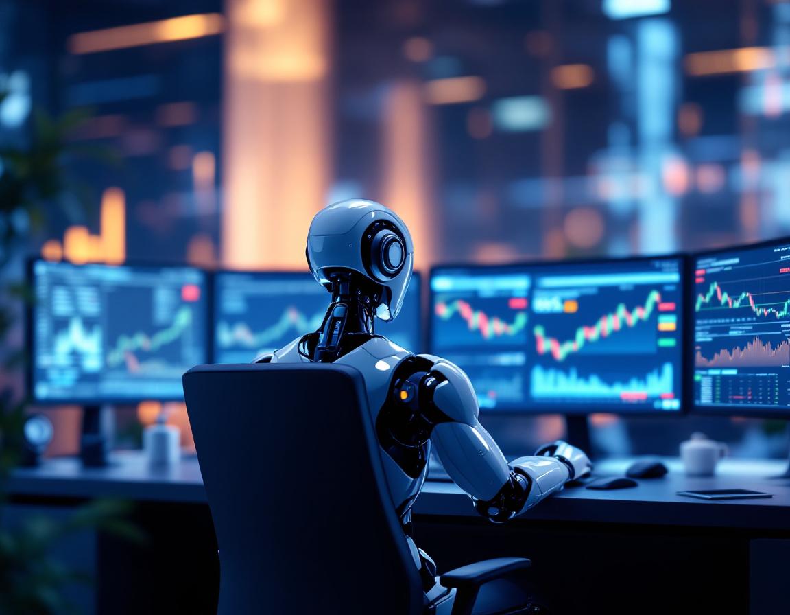 A hyper-realistic AI trading bot analyzes market data in a futuristic financial environment.