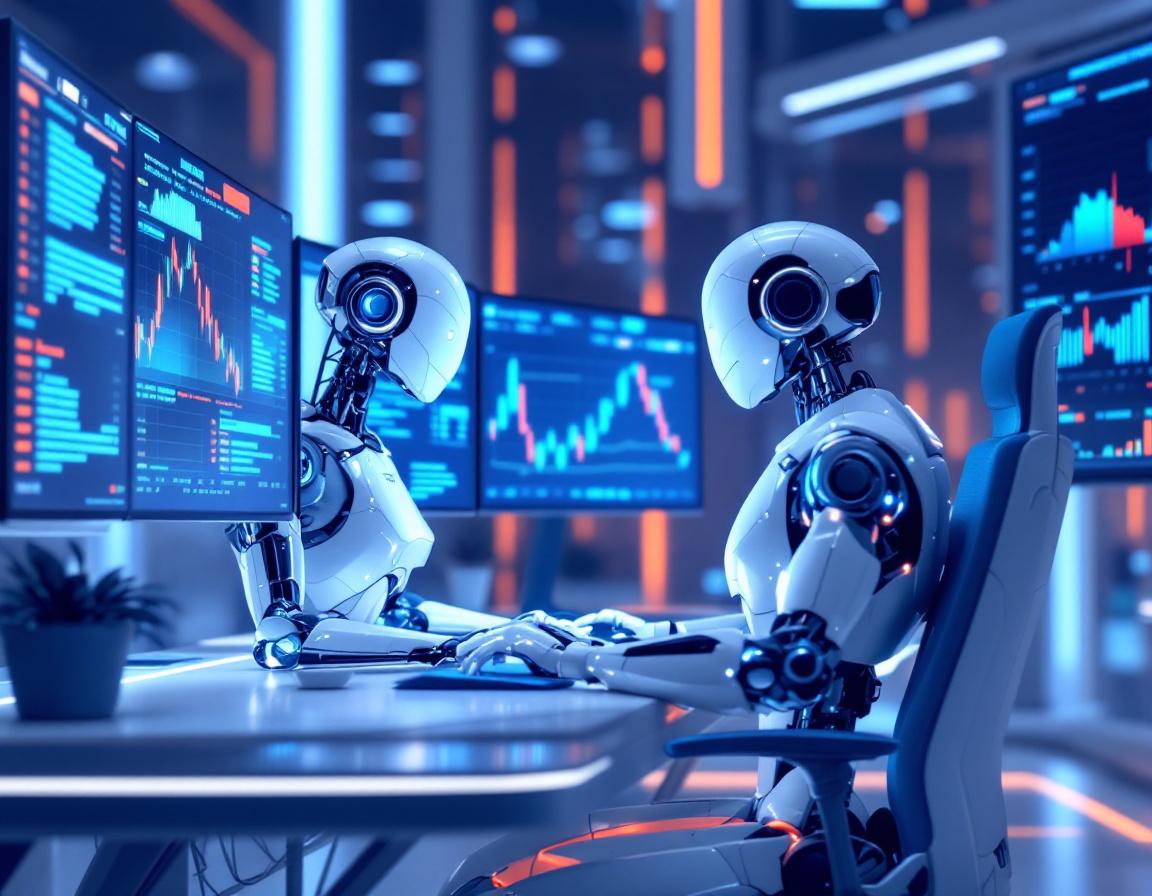 A hyper-realistic AI trading bot at a workstation, analyzing stock and crypto trends in 3D detail.