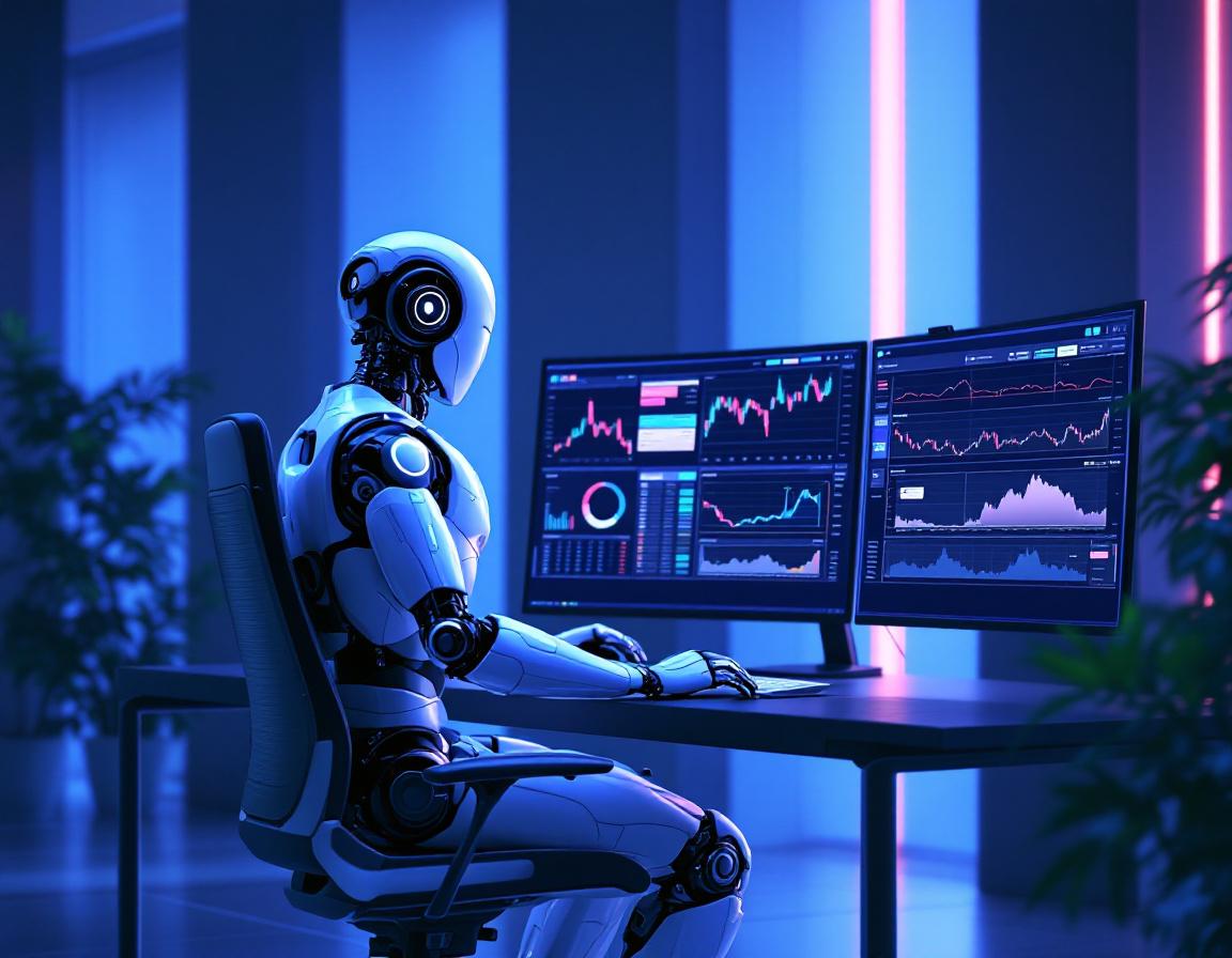 A hyper-realistic AI trading bot at a high-tech workstation analyzing stock and crypto market data.