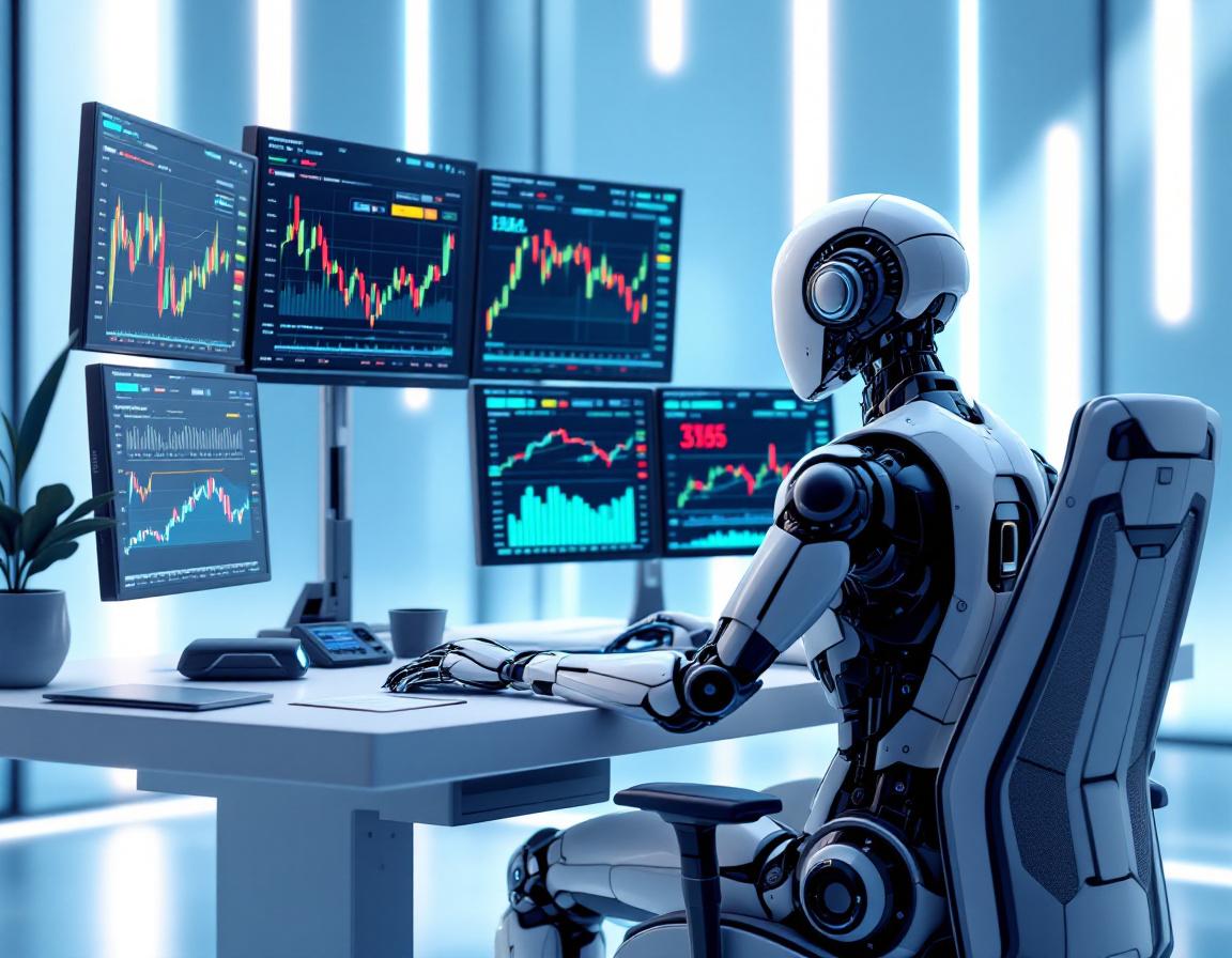 A hyper-realistic 3D AI trading bot at a high-tech workstation analyzing financial market charts.
