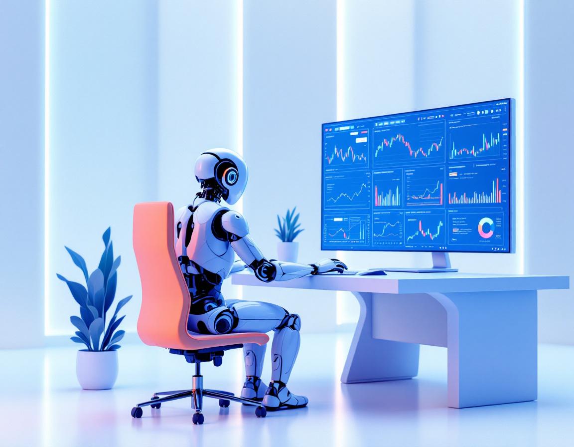 A humanoid AI trading bot analyzes market data at a high-tech workstation with glowing screens.