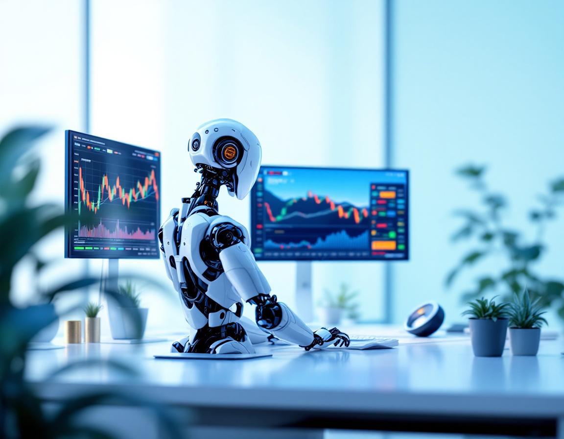 A 3D realistic AI trading bot at a workstation analyzes market data, surrounded by glowing screens.