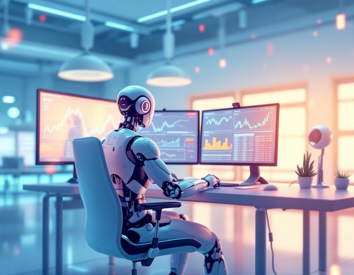 A humanoid AI trading bot analyzes market data at a sleek workstation with multiple trading screens.