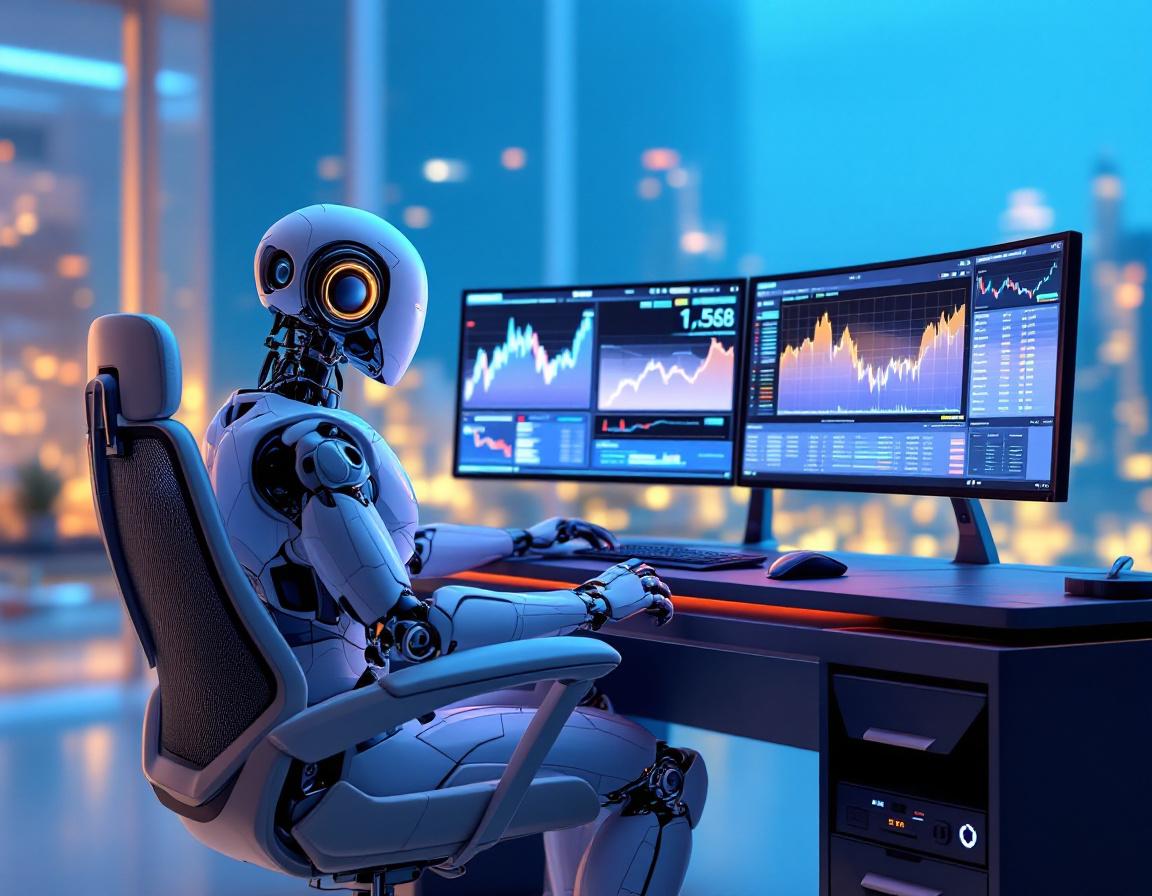 A hyper-realistic AI trading bot analyzes multiple screens in a futuristic financial workspace.