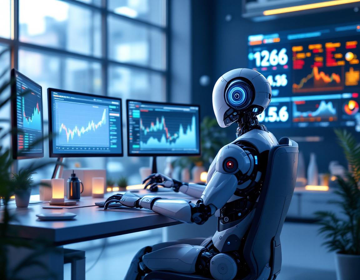 A sleek humanoid AI trading bot in a futuristic workstation analyzing crypto and stock market data.