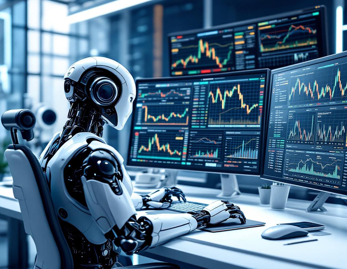 A futuristic AI trading bot analyzes market data at a high-tech workstation with multiple screens.