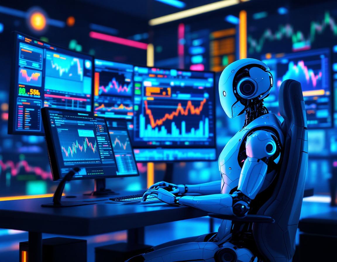 A humanoid AI trading bot analyzes market data at a high-tech workstation with glowing screens.