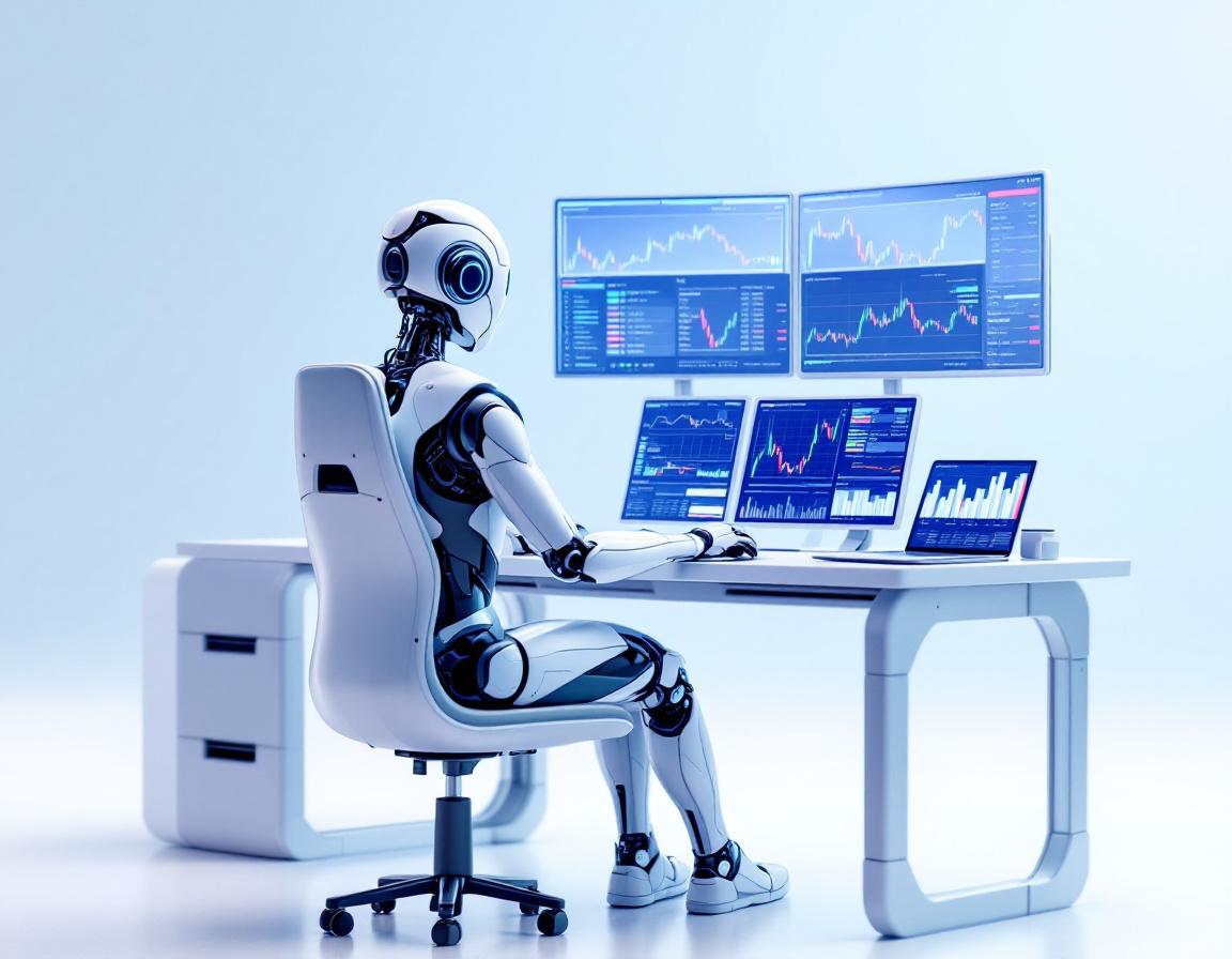 A futuristic AI trading bot at a high-tech workstation analyzing market data on multiple screens.