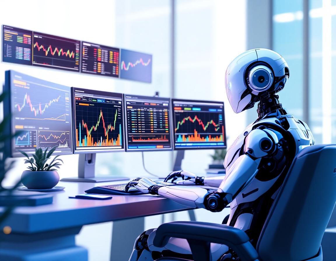 A hyper-realistic AI trading bot in a futuristic setting, analyzing market data on multiple screens.