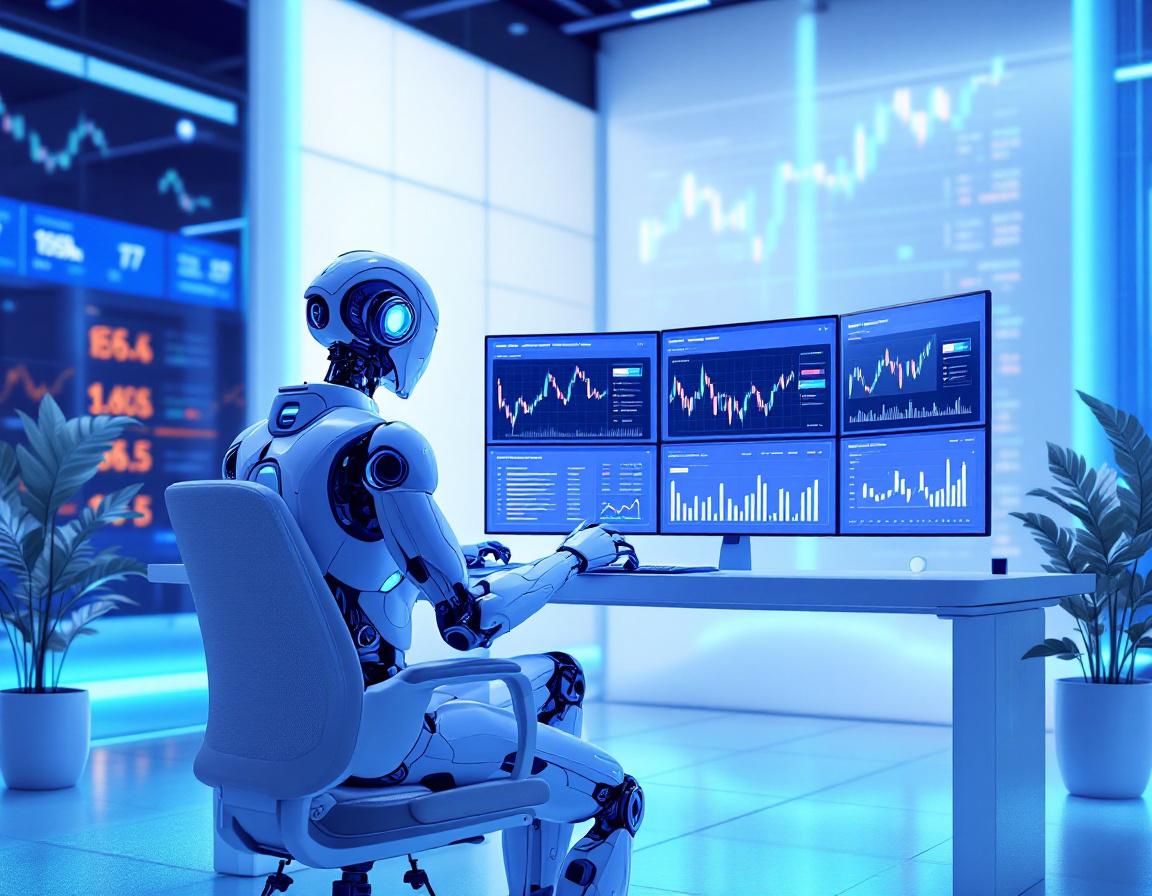 A sleek humanoid AI trading bot at a workstation, analyzing market data across multiple screens.
