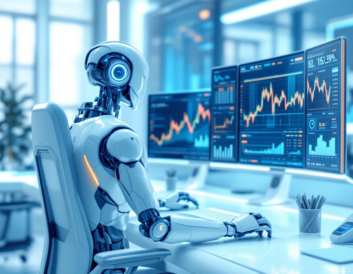 A hyper-realistic AI trading bot operates in a high-tech environment, analyzing crypto market data.