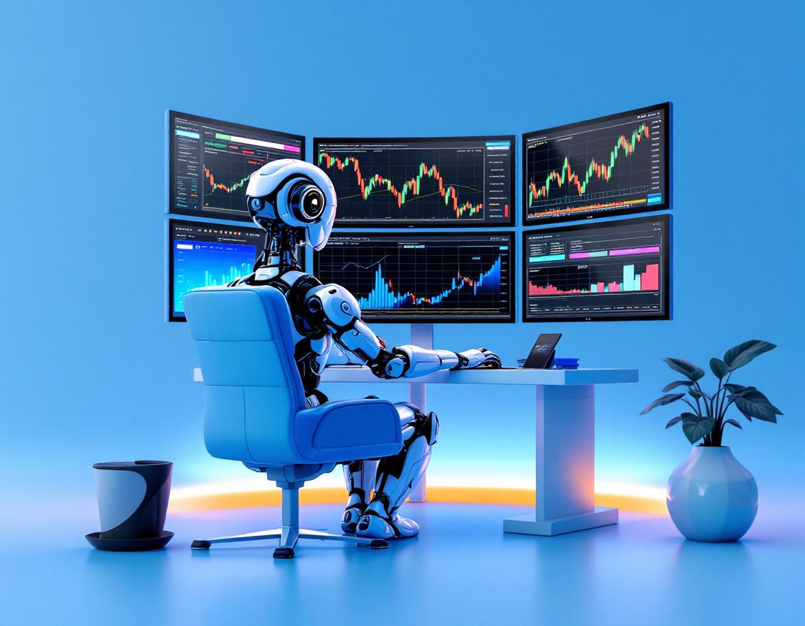 A hyper-realistic AI trading bot in a futuristic setting analyzing market data on multiple screens.