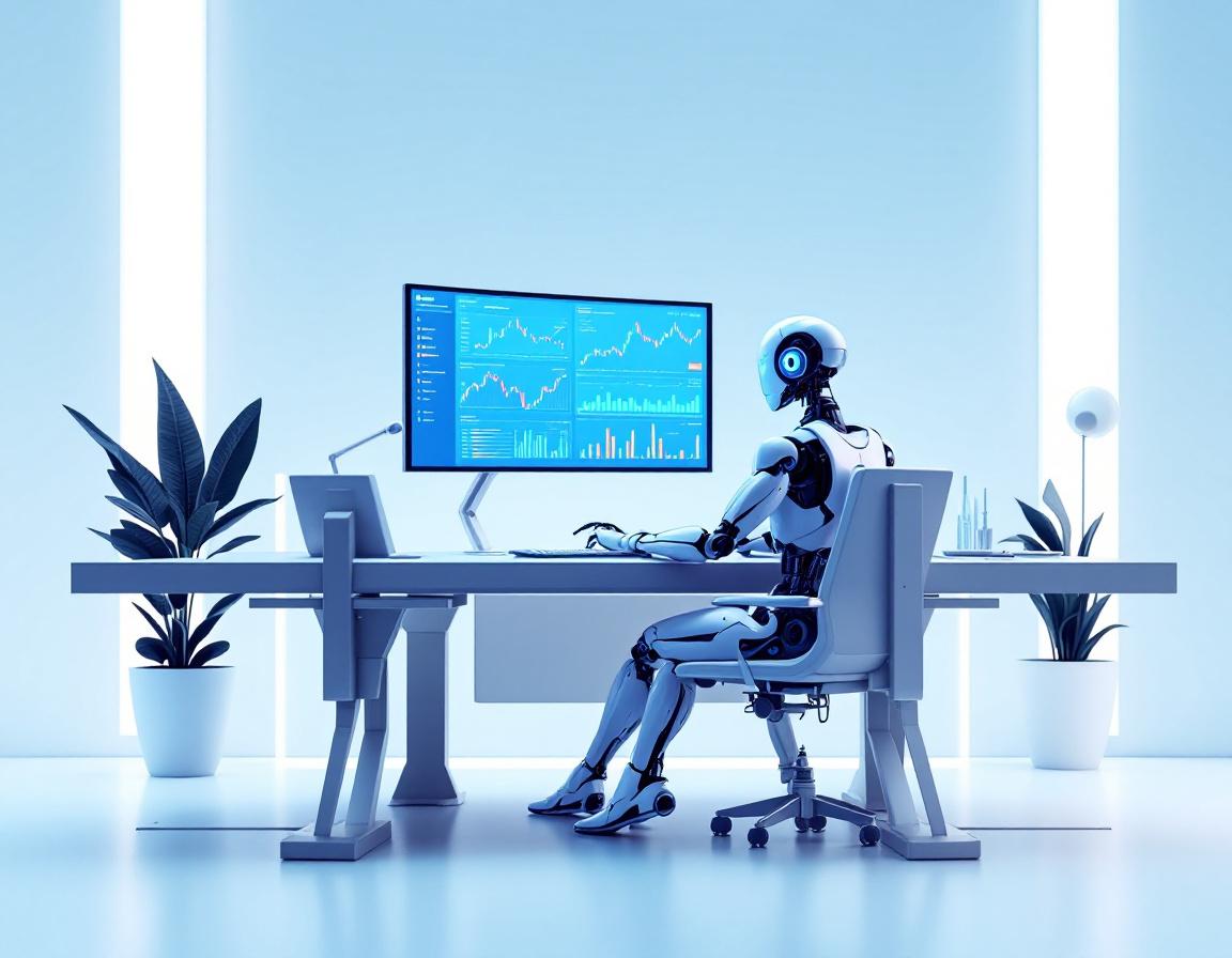 A hyper-realistic AI trading bot analyzing markets at a high-tech workstation with multiple screens.