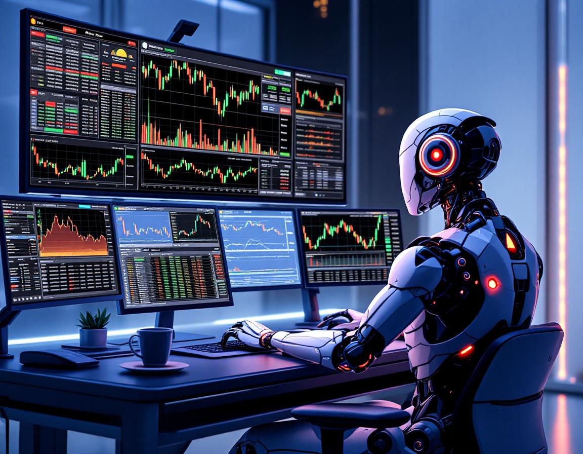 A humanoid AI trading bot at a high-tech workstation analyzing market data on multiple screens.