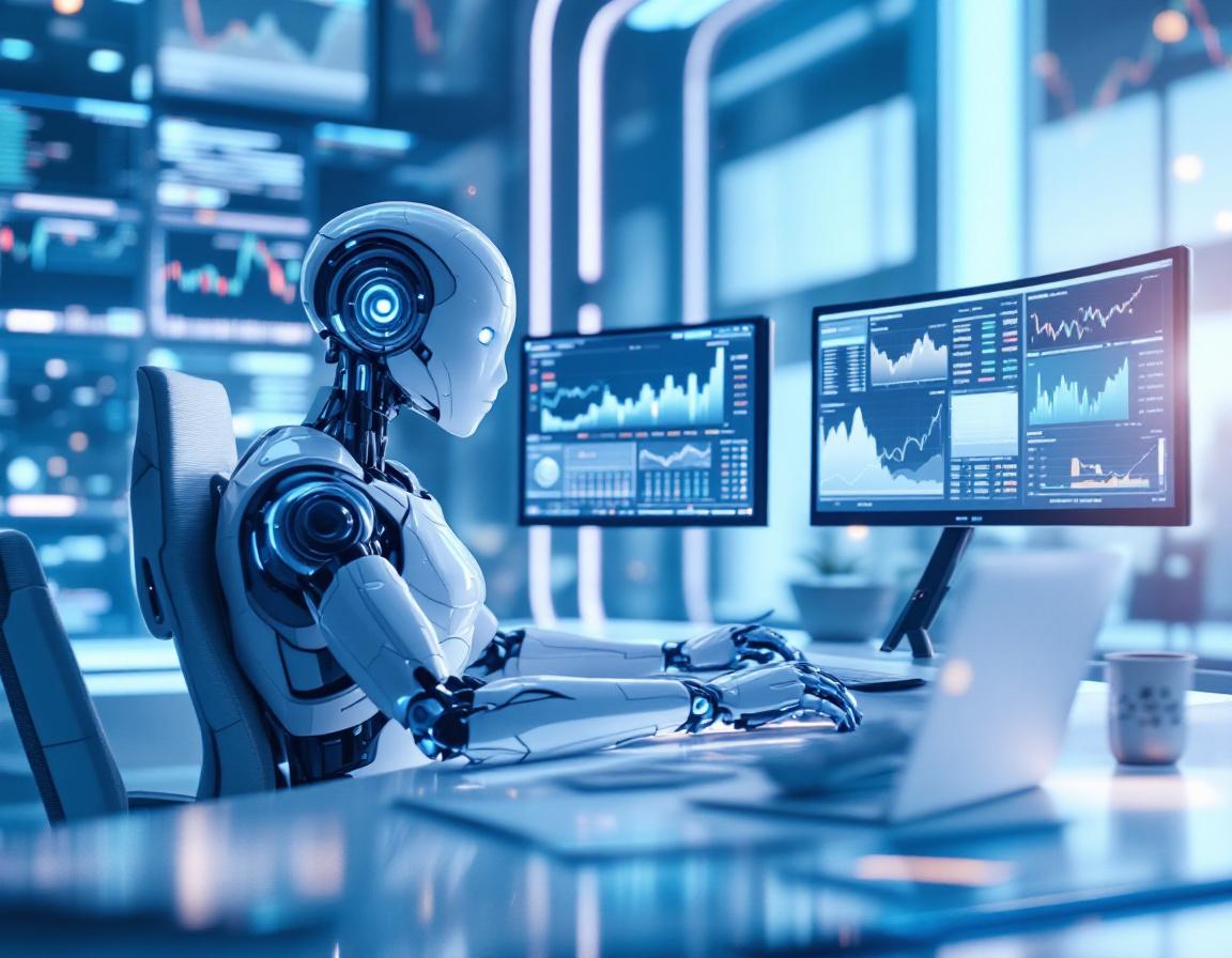 A humanoid AI trading bot at a high-tech workstation analyzing market trends on multiple screens.