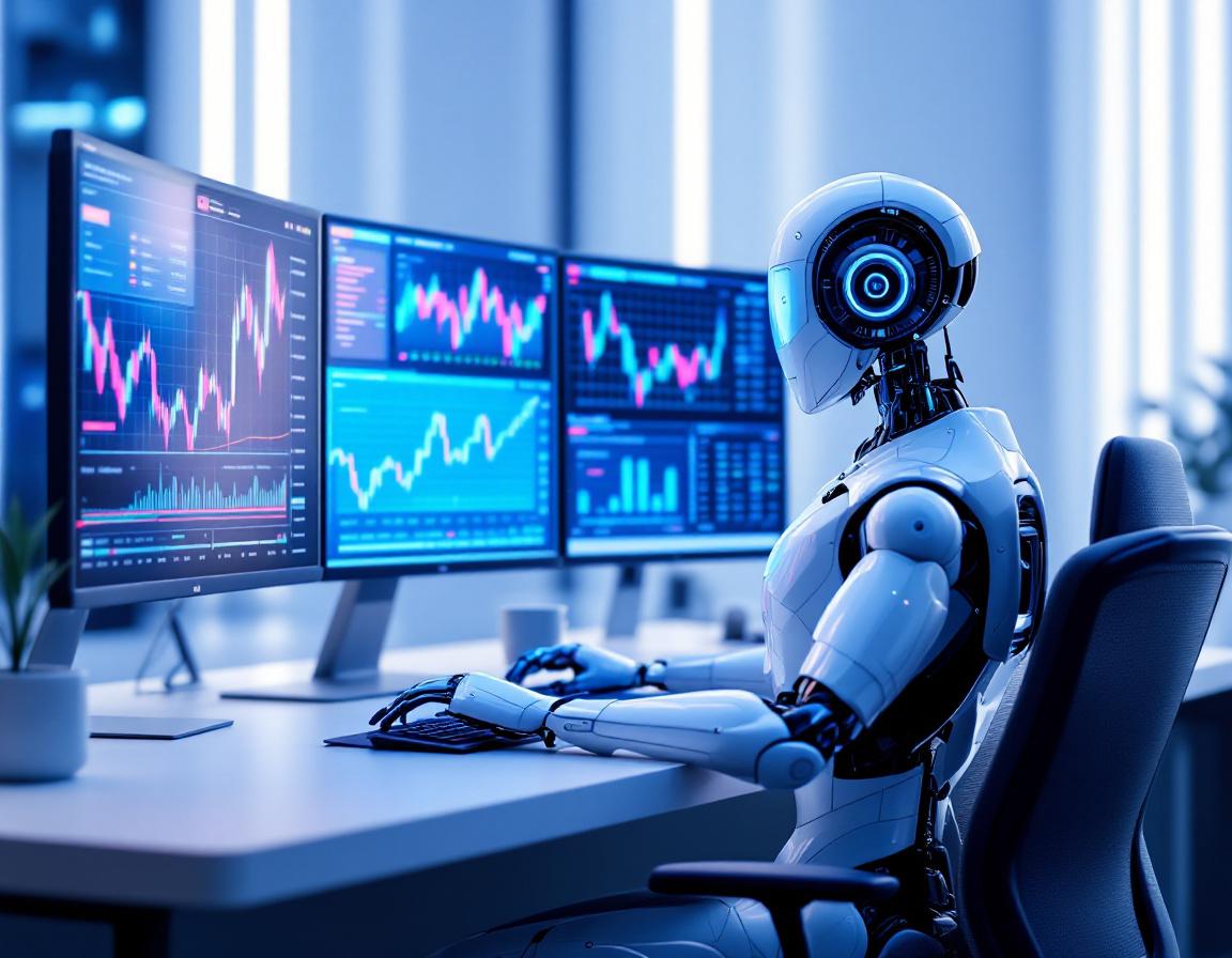 A sleek humanoid AI trading bot at a workstation analyzes market data on multiple glowing screens.