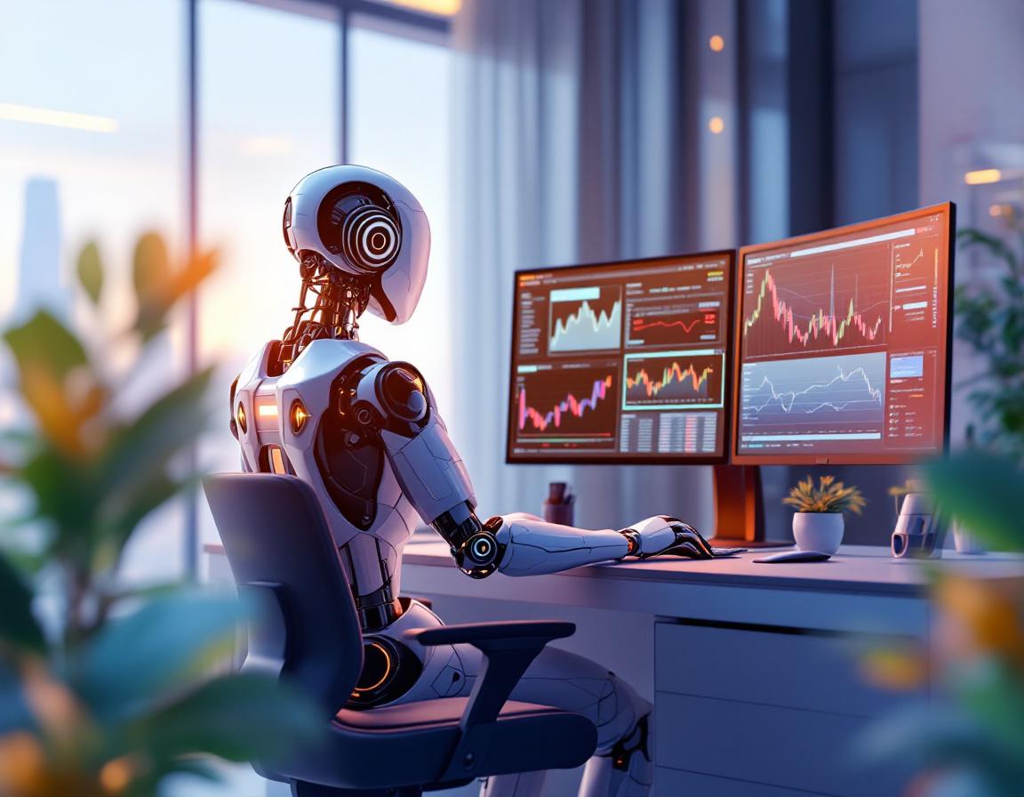A humanoid AI trading bot in a high-tech workstation analyzing market data on glowing screens.