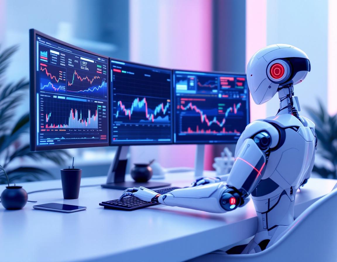 A humanoid AI trading bot at a high-tech workstation analyzes market data on multiple screens.
