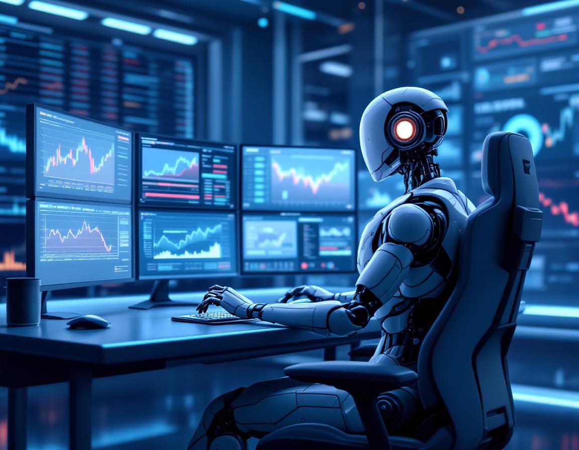 A hyper-realistic AI trading bot at a futuristic workstation analyzing stock and crypto market data.