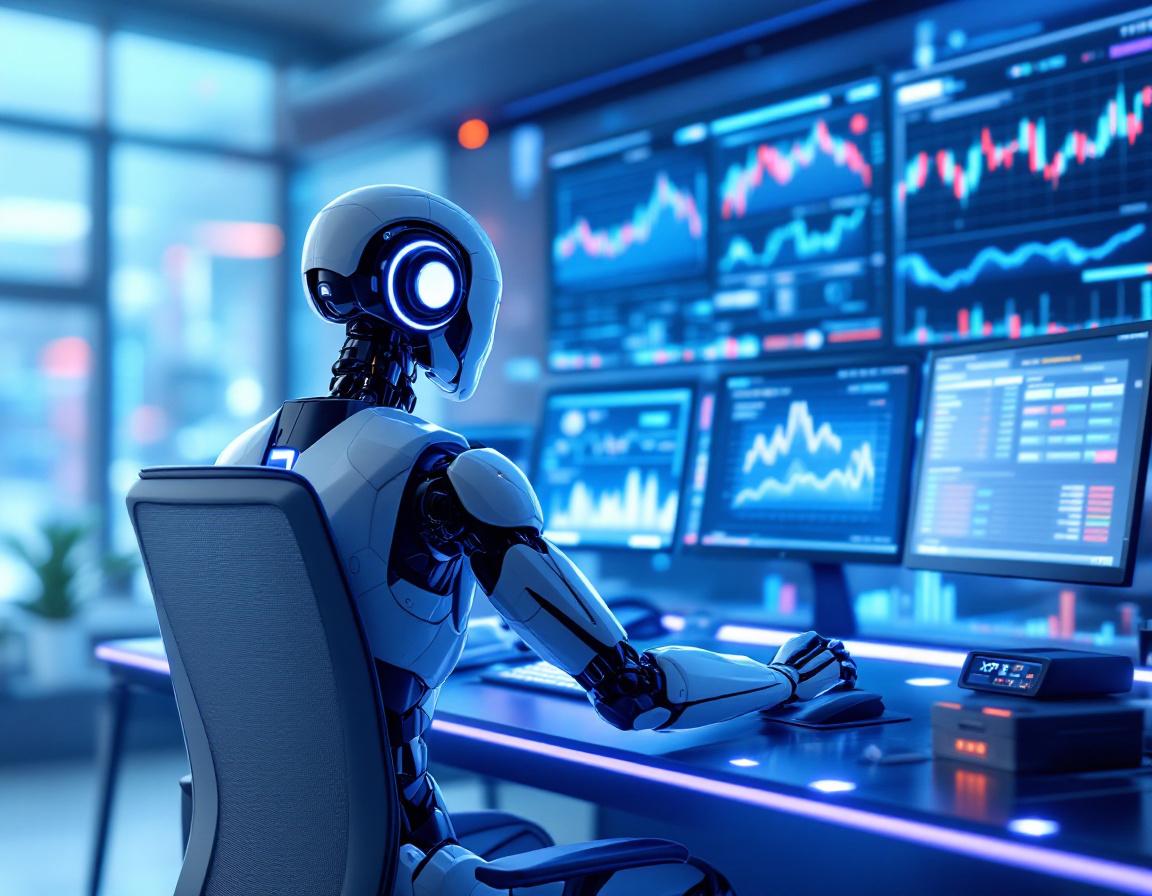 A futuristic AI trading bot at a high-tech workstation analyzing market data on multiple screens.
