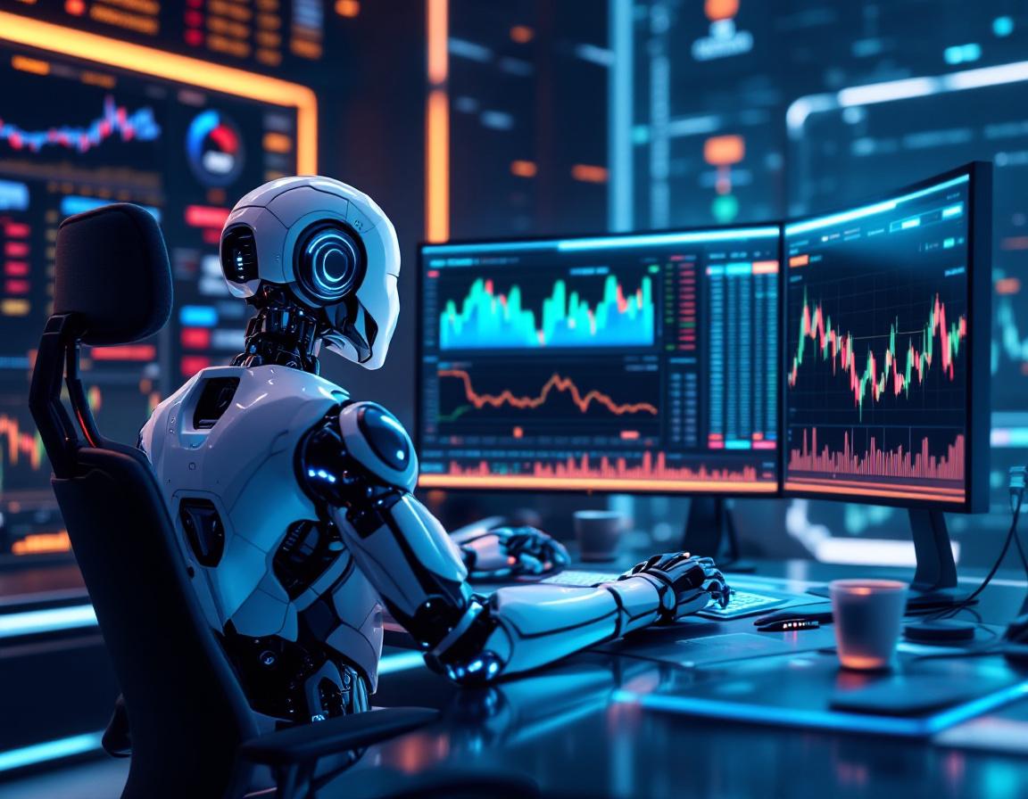 A humanoid AI trading bot at a high-tech workstation analyzing market data on multiple screens.