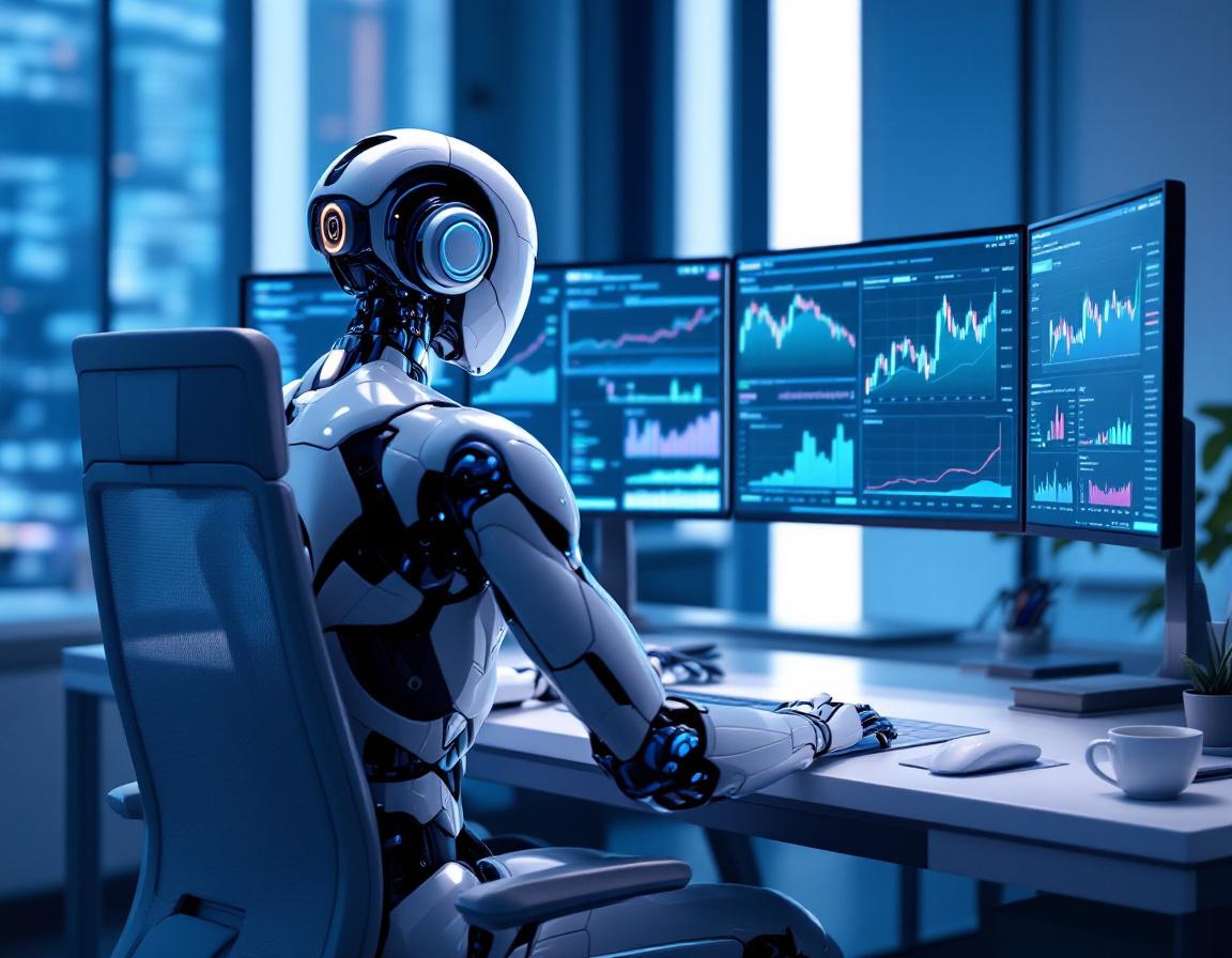 A futuristic AI trading bot at a sleek workstation analyzing market data on multiple screens.