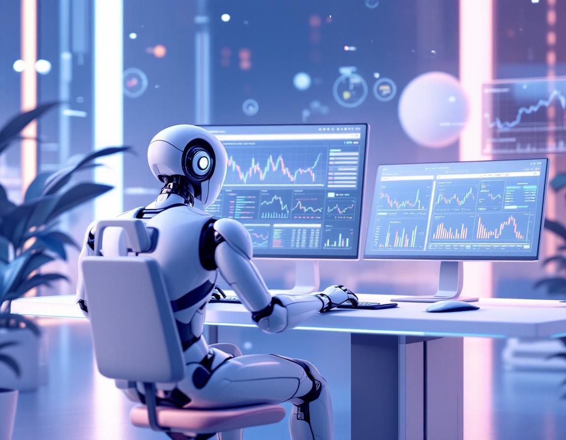 A humanoid AI trading bot at a high-tech workstation, analyzing market data across multiple screens.