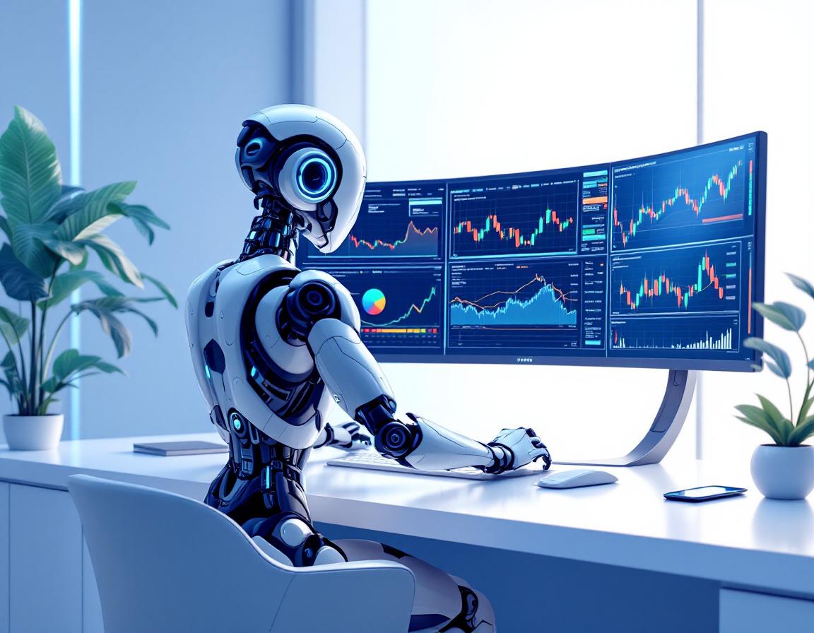 A hyper-realistic AI trading bot analyzes market data on multiple screens in a futuristic setting.