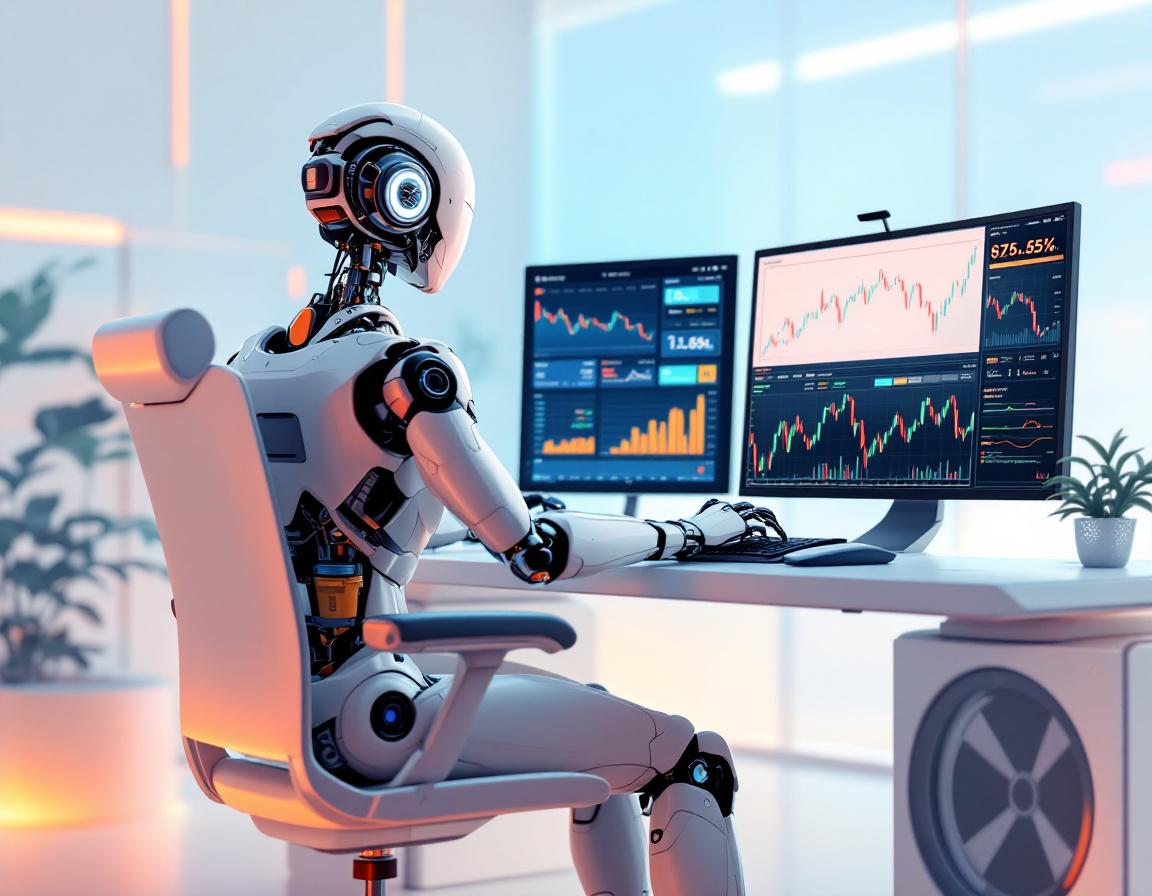 A hyper-realistic AI trading bot at a high-tech workstation analyzing crypto and stock market data.