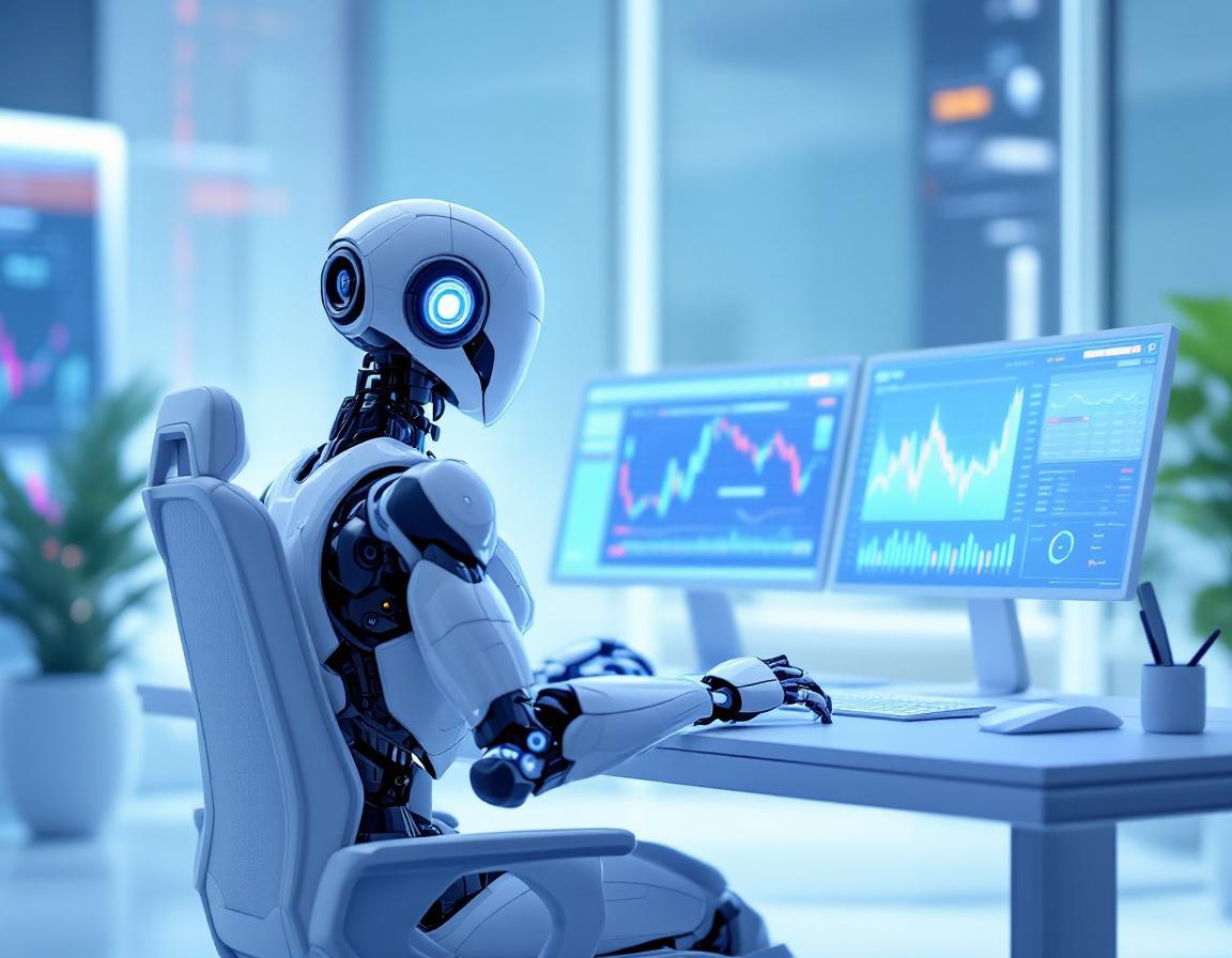 A humanoid AI trading bot at a high-tech workstation analyzing market data on multiple screens.